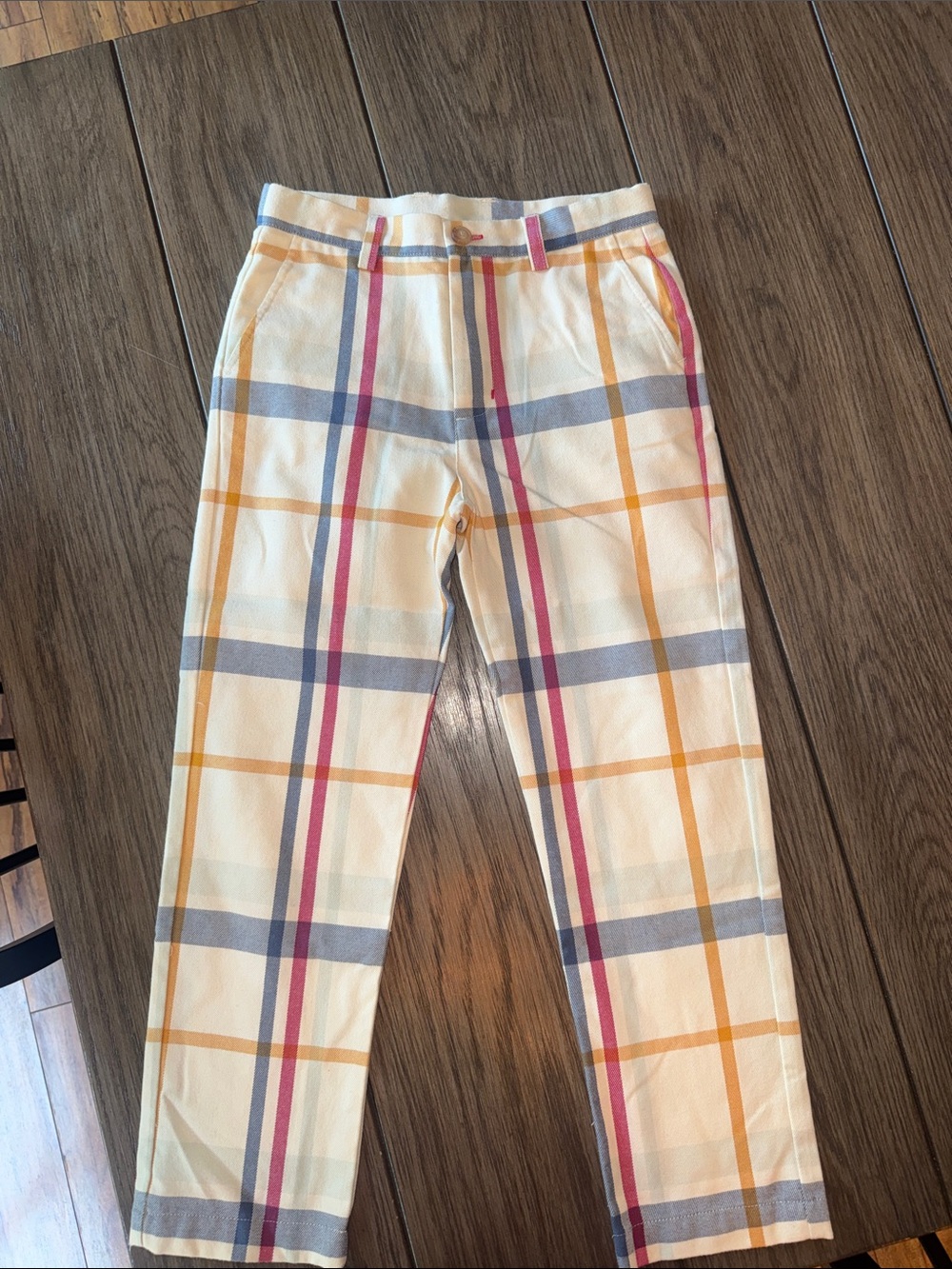 Kids Plaid Casual Pants in Cream with Blue & Red Plaid